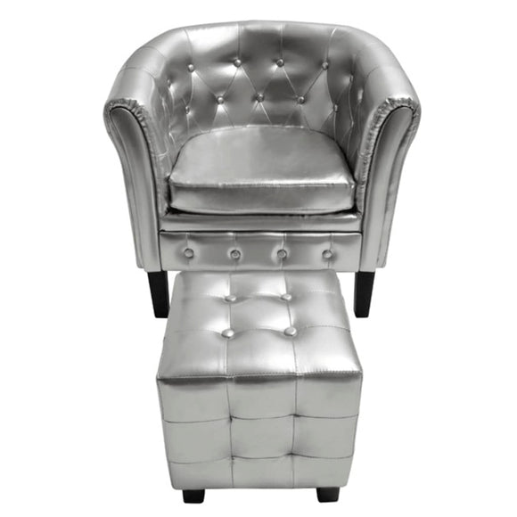 NNEVL Tub Chair with Footstool Silver Faux Leather