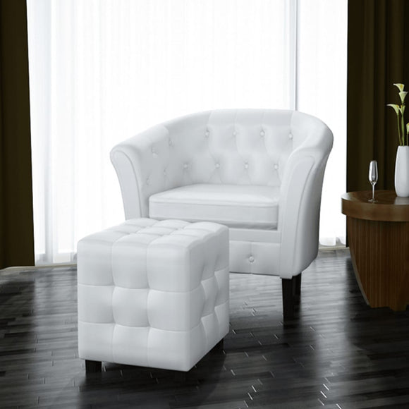 NNEVL Tub Chair with Footstool White Faux Leather