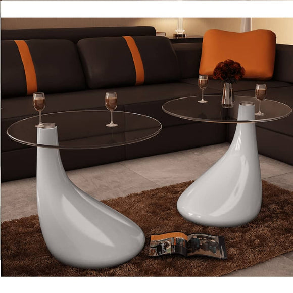 NNEVL Coffee Table 2 pcs with Round Glass Top High Gloss White