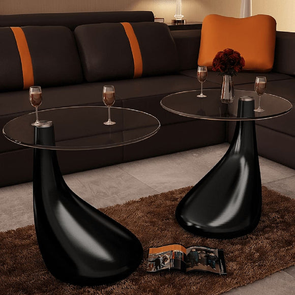 NNEVL Coffee Table 2 pcs with Round Glass Top High Gloss Black