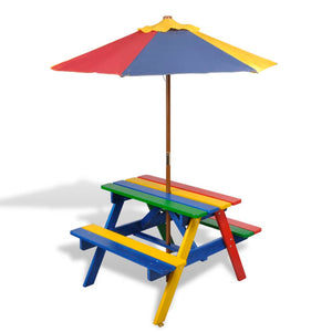 NNEVL Kids' Picnic Table with Benches and Parasol Multicolour Wood