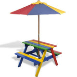 NNEVL Kids' Picnic Table with Benches and Parasol Multicolour Wood