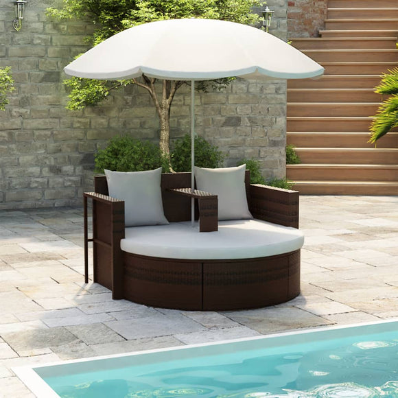 NNEVL Garden Bed with Parasol Brown Poly Rattan