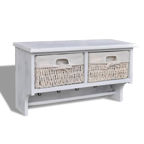 NNEVL White Paulownia Wood Wall Shelf With Hangers 2 Weaving Baskets 4 Hooks