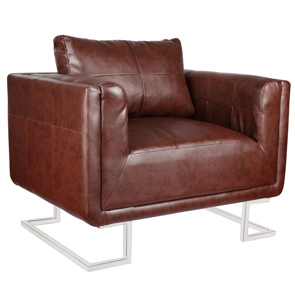 NNEVL Cube Armchair with Chrome Feet Brown Faux Leather
