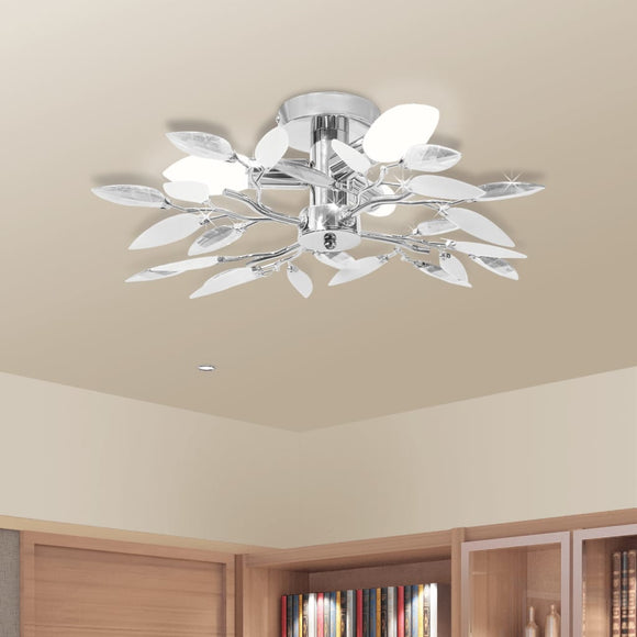 NNEVL Ceiling Lamp White & Transparent Acrylic Crystal Leaf Arms 3 E14 Bulbs
