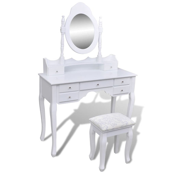 NNEVL Dressing Table with Mirror and Stool 7 Drawers White