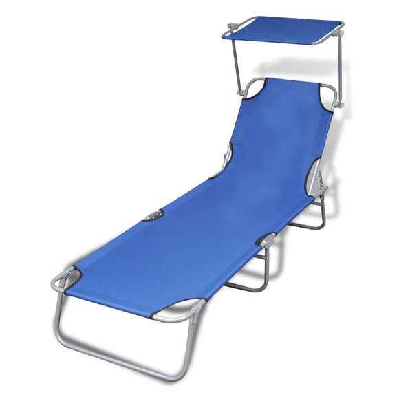 NNEVL Folding Sun Lounger with Canopy Steel and Fabric Blue