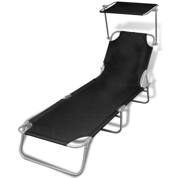 NNEVL Folding Sun Lounger with Canopy Steel and Fabric Black