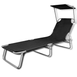 NNEVL Folding Sun Lounger with Canopy Steel and Fabric Black