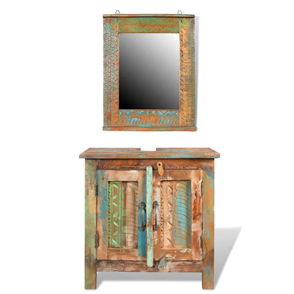 NNEVL Reclaimed Solid Wood Bathroom Vanity Cabinet Set with Mirror