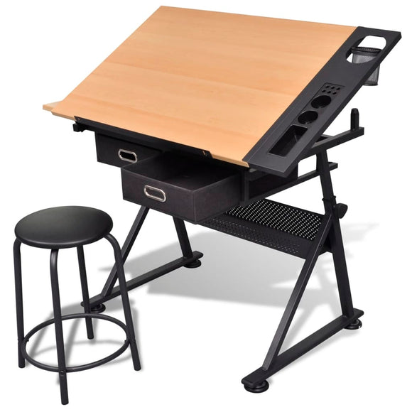NNEVL Two Drawers Tiltable Tabletop Drawing Table with Stool