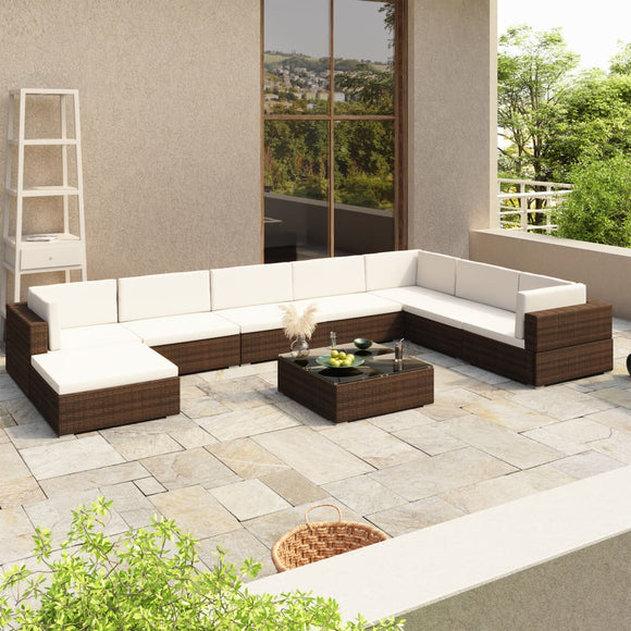 NNEVL 8 Piece Garden Lounge Set with Cushions Poly Rattan Brown