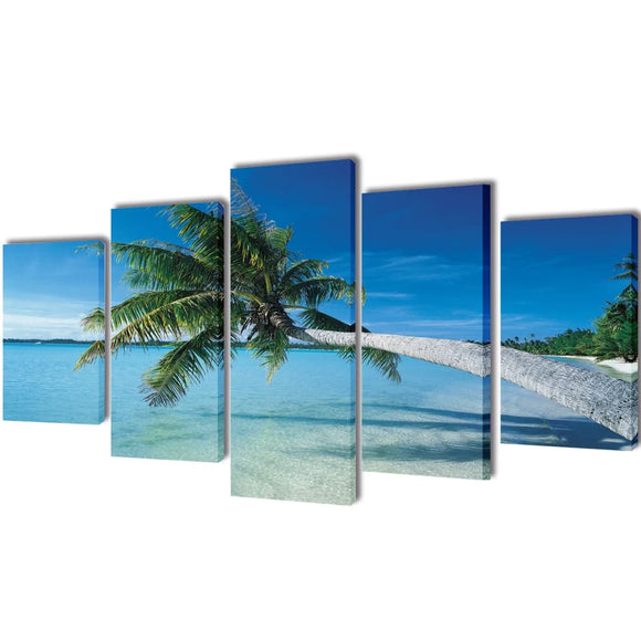 NNEVL Canvas Wall Print Set Sand Beach with Palm Tree 200 x 100 cm