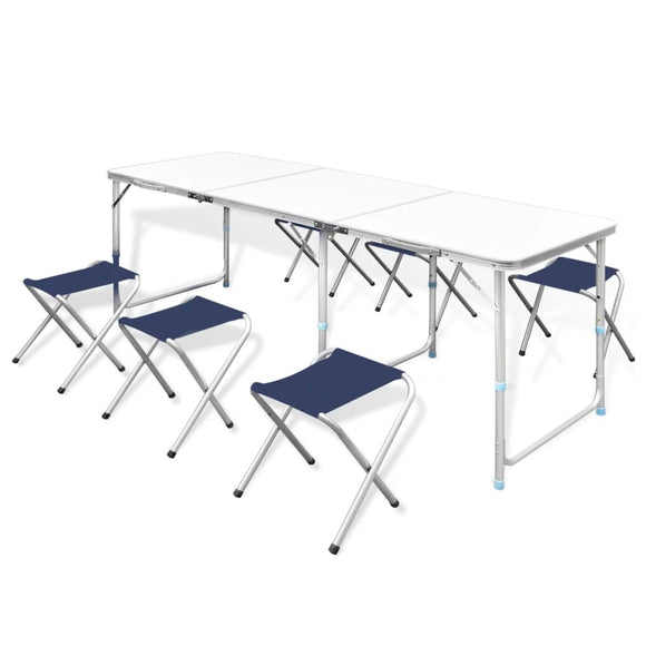 NNEVL Foldable Camping Table Set with 6 Stools Height Adjustable 180 x 60 cm