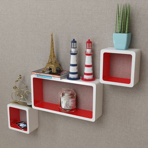 NNEVL 3 White-red MDF Floating Wall Display Shelf Cubes Book/DVD Storage