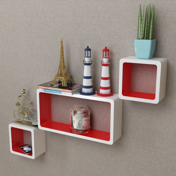 NNEVL 3 White-red MDF Floating Wall Display Shelf Cubes Book/DVD Storage