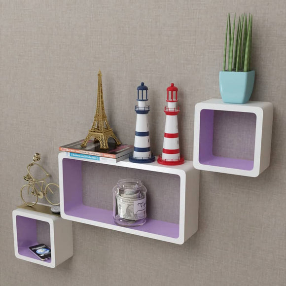 NNEVL 3 White-purple MDF Floating Wall Display Shelf Cubes Book/DVD Storage