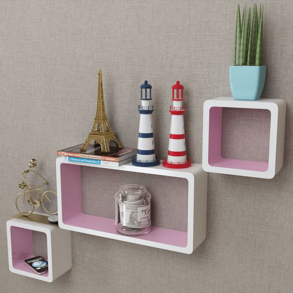 NNEVL 3 White-pink MDF Floating Wall Display Shelf Cubes Book/DVD Storage
