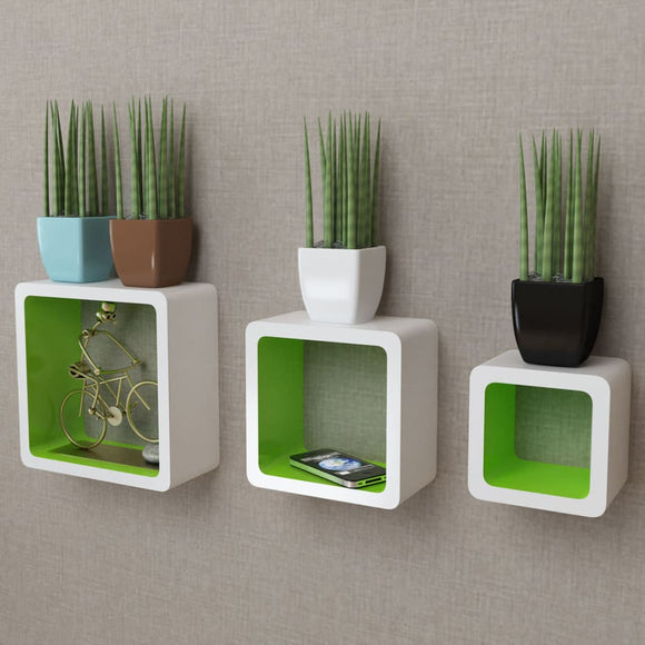 NNEVL 3 White-green MDF Floating Wall Display Shelf Cubes Book/DVD Storage