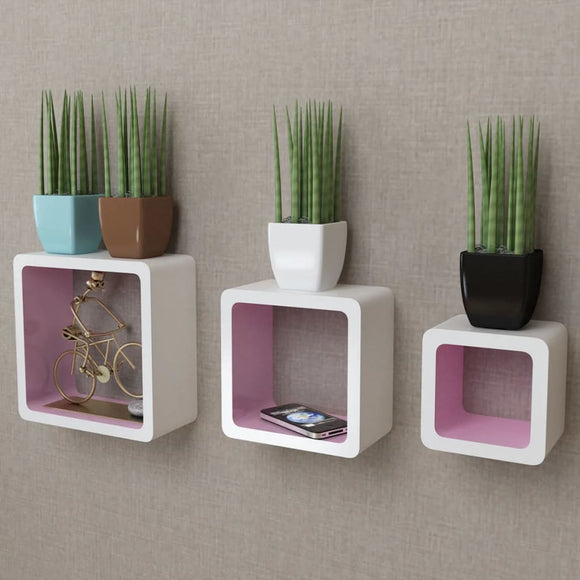 NNEVL 3 White-pink MDF Floating Wall Display Shelf Cubes Book/DVD Storage