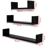 NNEVL 3 Black MDF U-shaped Floating Wall Display Shelves Book/DVD Storage