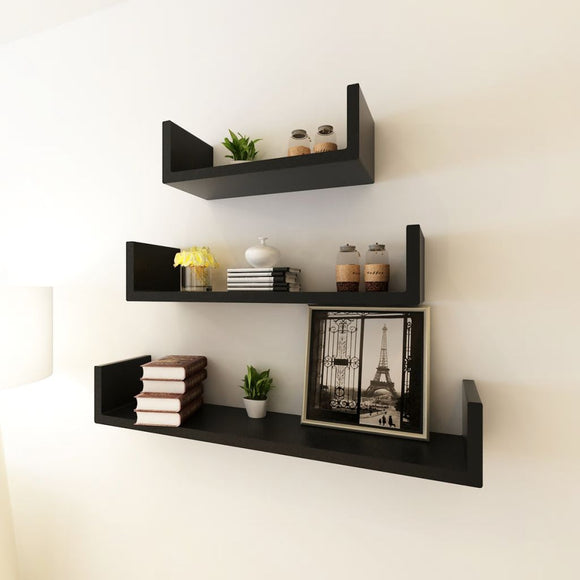 NNEVL 3 Black MDF U-shaped Floating Wall Display Shelves Book/DVD Storage