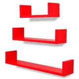 NNEVL 3 Red MDF U-shaped Floating Wall Display Shelves Book/DVD Storage