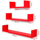NNEVL 3 Red MDF U-shaped Floating Wall Display Shelves Book/DVD Storage