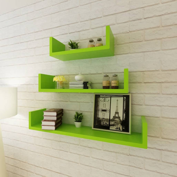 NNEVL 3 Green MDF U-shaped Floating Wall Display Shelves Book/DVD Storage