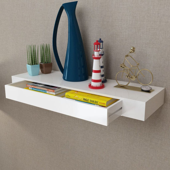 NNEVL White MDF Floating Wall Display Shelf 1 Drawer Book/DVD Storage