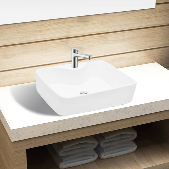 NNEVL Ceramic Bathroom Sink Basin with Faucet Hole White Square