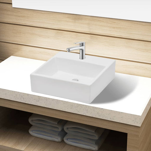 NNEVL Ceramic Bathroom Sink Basin with Faucet Hole White Square