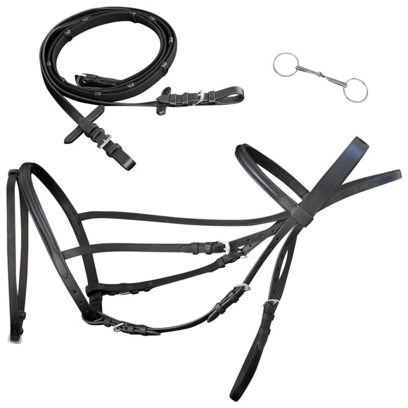 NNEVL Leather Flash Bridle with Reins and Bit Black Full