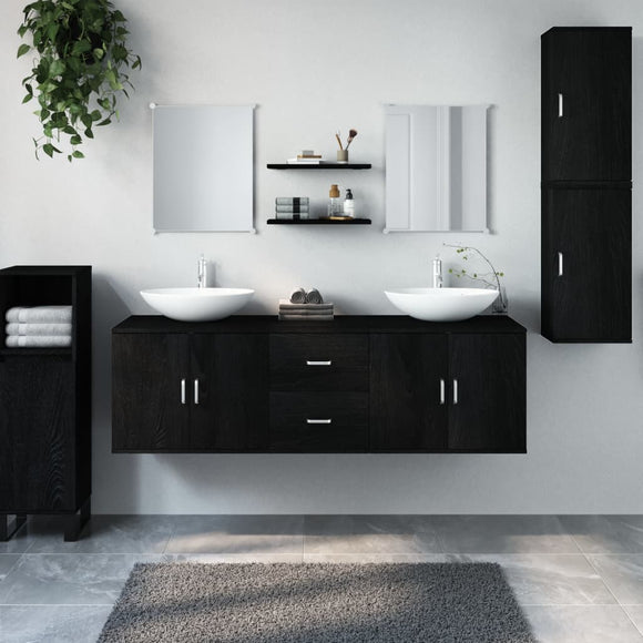 NNEVL 7 Piece Bathroom Furniture Set Black Engineered Wood