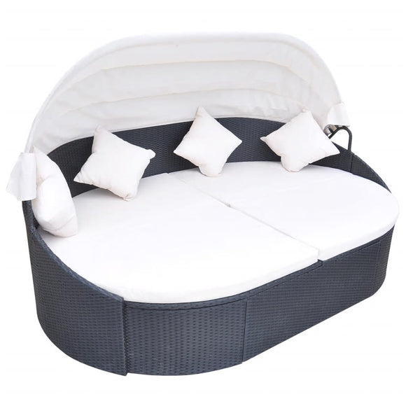 NNEVL Outdoor Lounge Bed with Canopy Poly Rattan Black
