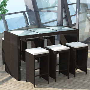 NNEVL 7 Piece Garden Bar Set with Cushions Poly Rattan Brown