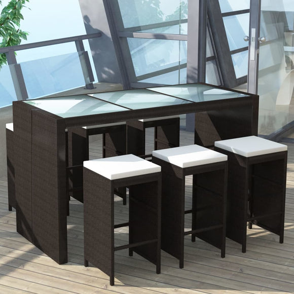 NNEVL 7 Piece Garden Bar Set with Cushions Poly Rattan Brown