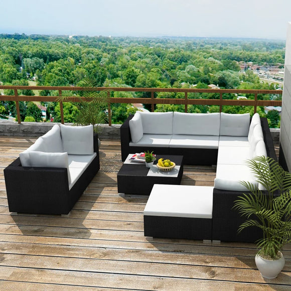 NNEVL 10 Piece Garden Lounge Set with Cushions Poly Rattan Black