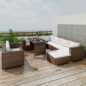 NNEVL 10 Piece Garden Lounge Set with Cushions Poly Rattan Brown