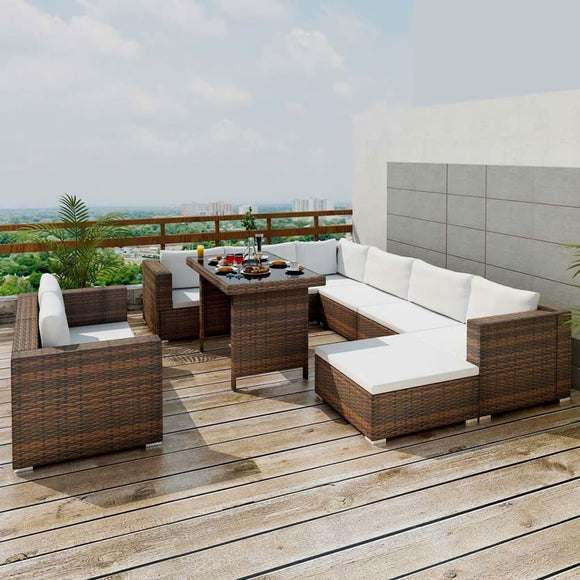 NNEVL 10 Piece Garden Lounge Set with Cushions Poly Rattan Brown