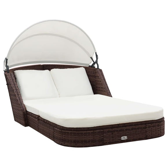 NNEVL Sun Lounger with Canopy Poly Rattan Brown