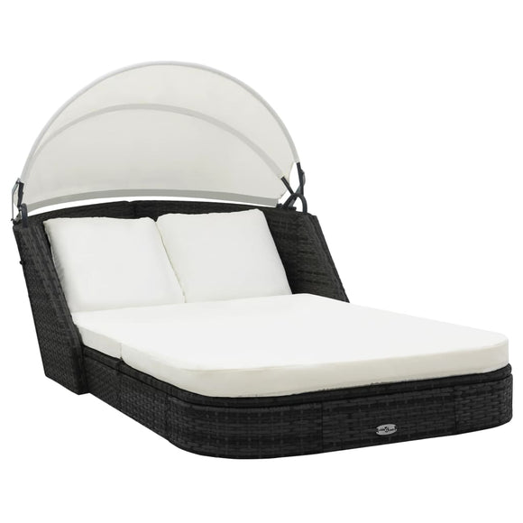 NNEVL Sun Lounger with Canopy Poly Rattan Black