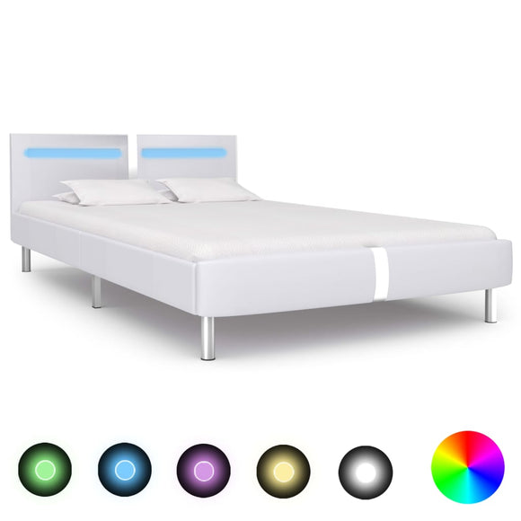 NNEVL Bed Frame with LED White Faux Leather Queen Size