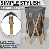 NNEVL Folding Laundry Basket Grey Wood and Fabric