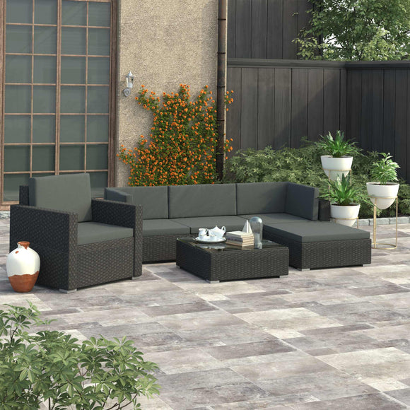 NNEVL 6 Piece Garden Lounge Set with Cushions Poly Rattan Black