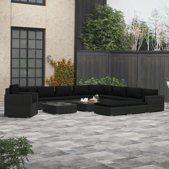 NNEVL 13 Piece Garden Lounge Set with Cushions Poly Rattan Black