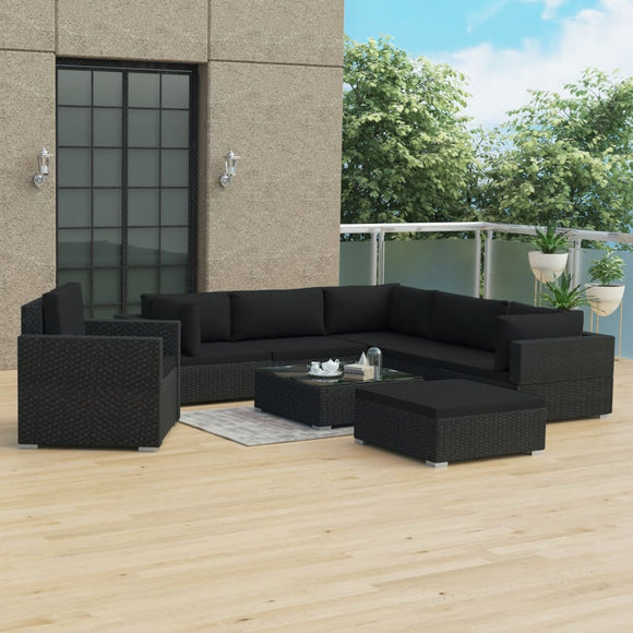 NNEVL 8 Piece Garden Lounge Set with Cushions Poly Rattan Black