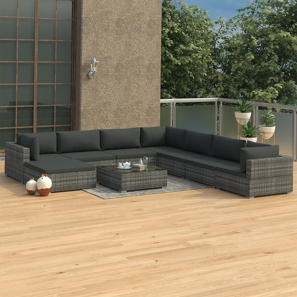 NNEVL 9 Piece Garden Lounge Set with Cushions Poly Rattan Grey
