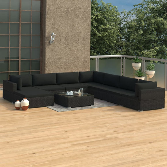NNEVL 9 Piece Garden Lounge Set with Cushions Poly Rattan Black